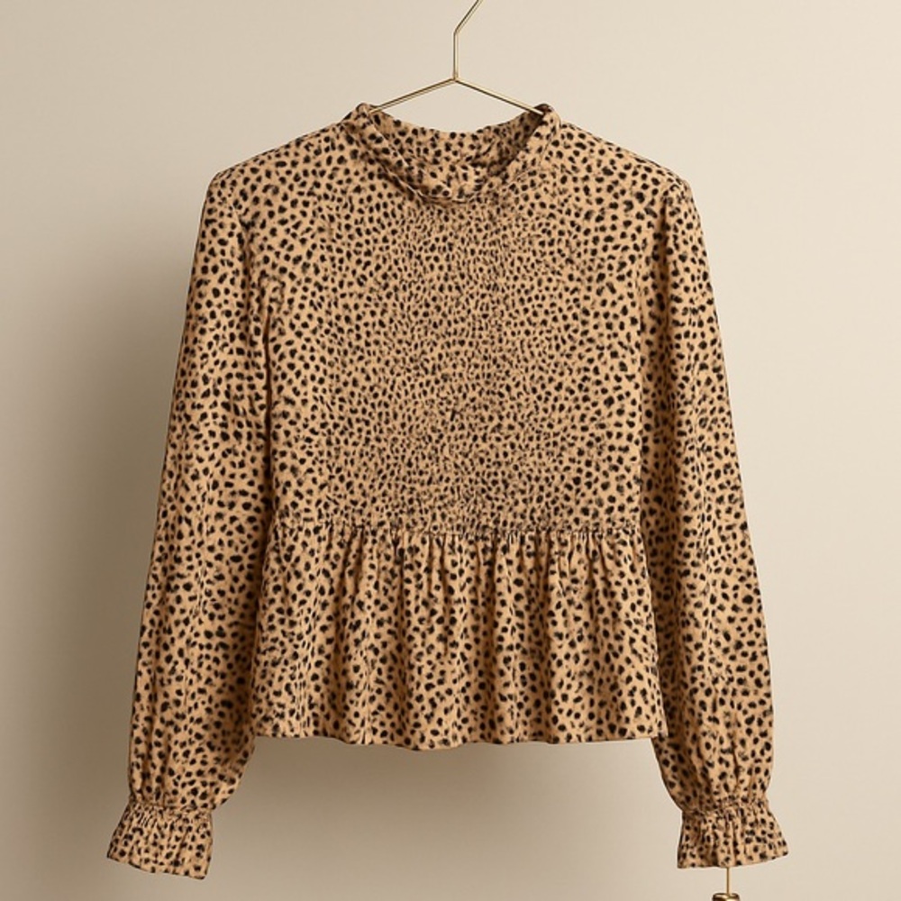 Tan and Cream Ruffled Peplum Blouse with Mandarin Collar